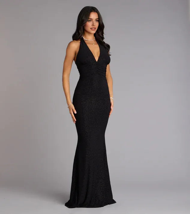 Black V Neck Glitter Halter Neck Sleeveless Cutout Back Mermaid Maxi Prom Dress