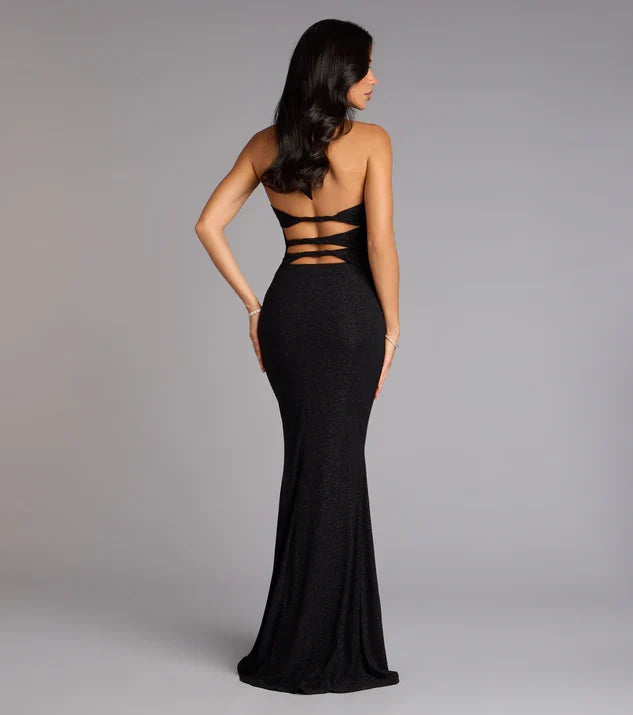 Black V Neck Glitter Halter Neck Sleeveless Cutout Back Mermaid Maxi Prom Dress