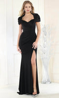 Black Evening Gown Puff Sleeves Sweetheart Neckline Draped Design and High - Slit Skirt to Elevate Your Night