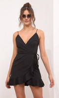 Black Wrap - Style Homecoming Dress with Spaghetti Straps Deep V Neck Waist Tie and Ruffled Hem
