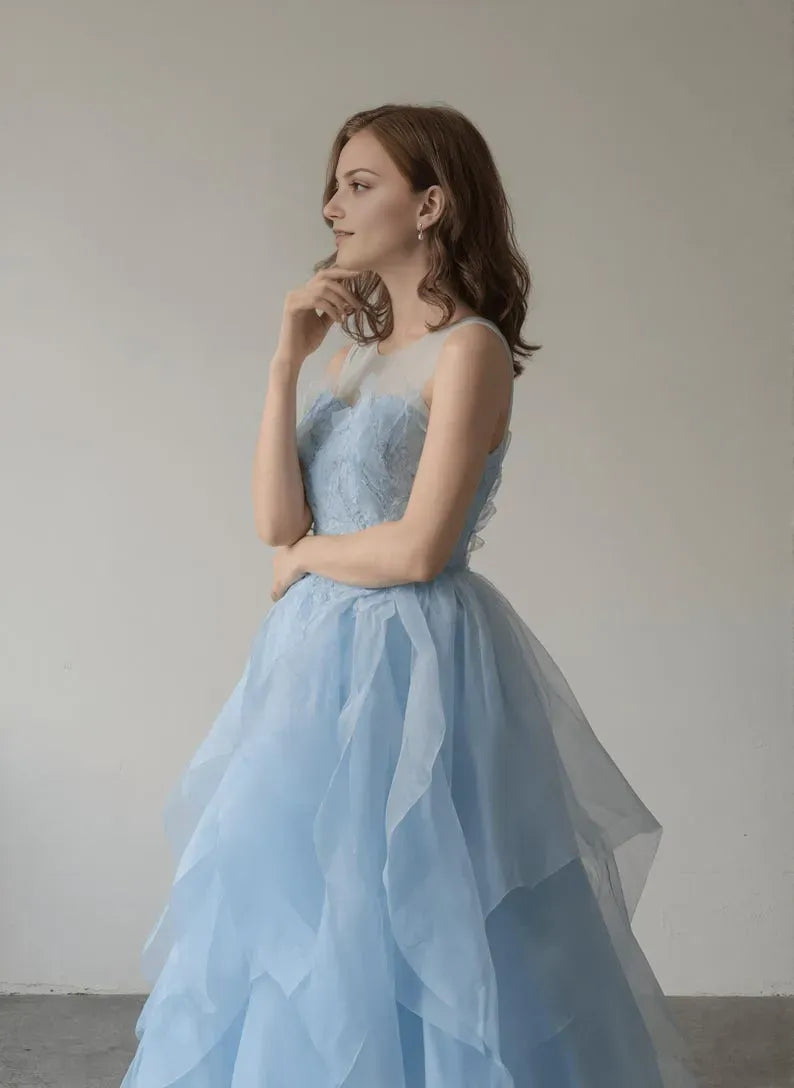 Light Blue A-Line Illusion Scoop Neck Sleeveless Back Zip Ruffled Floor-Length Prom Dress