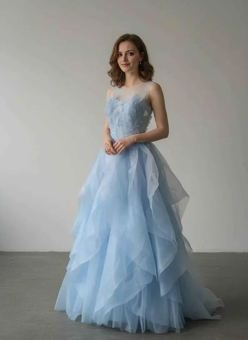 Light Blue A-Line Illusion Scoop Neck Sleeveless Back Zip Ruffled Floor-Length Prom Dress