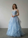 Light Blue A-Line Illusion Scoop Neck Sleeveless Back Zip Ruffled Floor-Length Prom Dress
