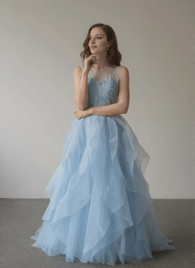 Light Blue A-Line Illusion Scoop Neck Sleeveless Back Zip Ruffled Floor-Length Prom Dress