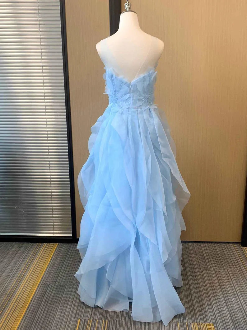 Light Blue A-Line Illusion Scoop Neck Sleeveless Back Zip Ruffled Floor-Length Prom Dress