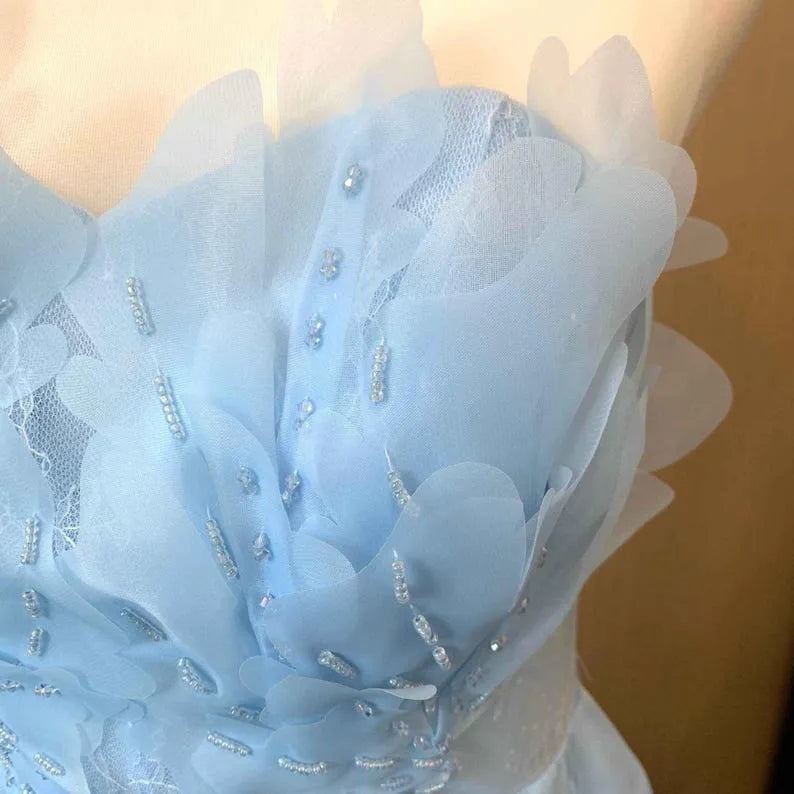 Light Blue A-Line Illusion Scoop Neck Sleeveless Back Zip Ruffled Floor-Length Prom Dress