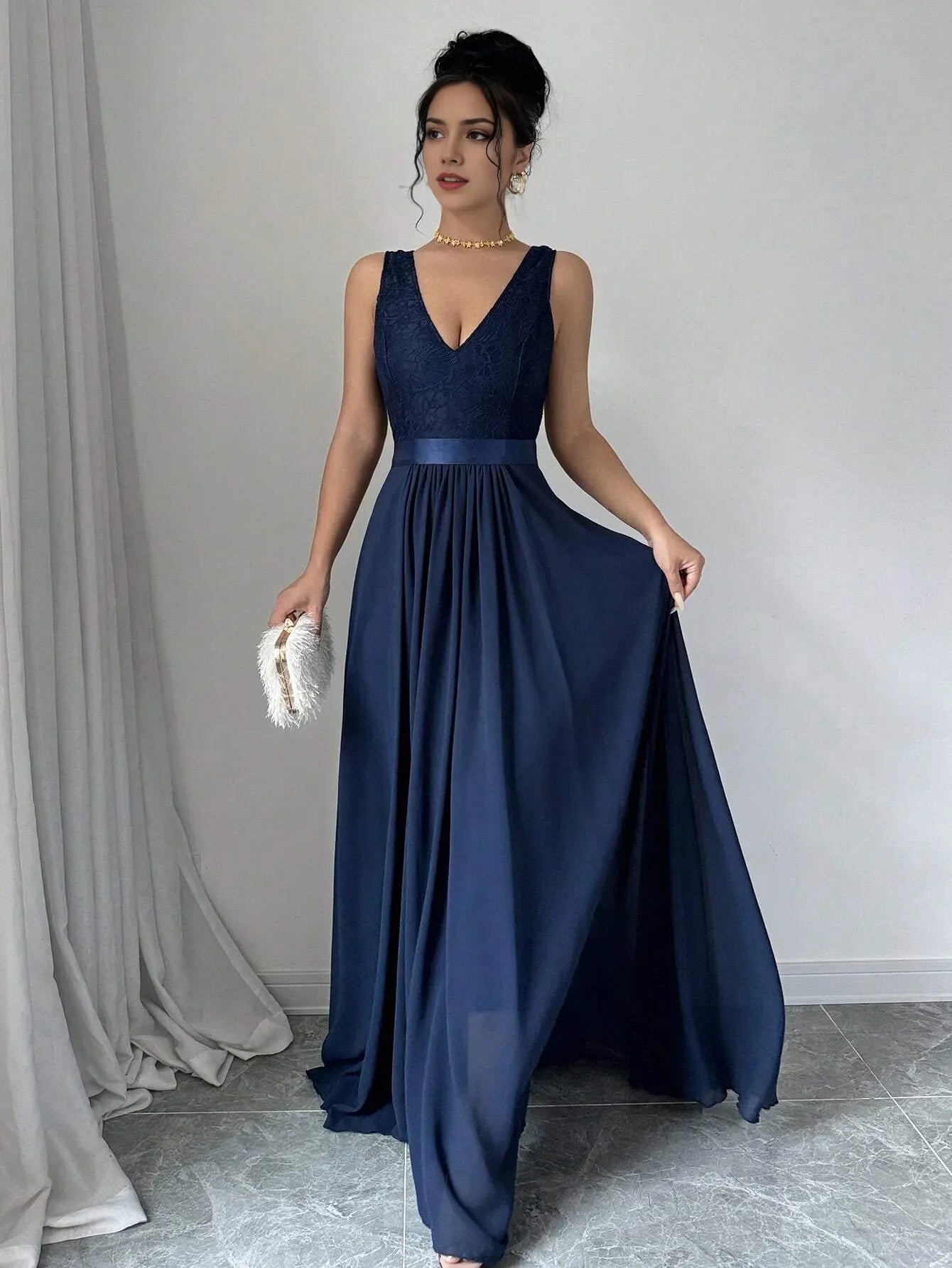 Blue A-Line V Neck Sleeveless Back Zip Floor-Length Belt Prom Dress