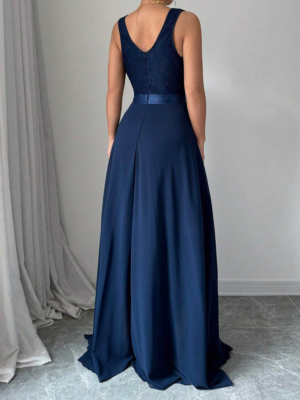 Blue A-Line V Neck Sleeveless Back Zip Floor-Length Belt Prom Dress