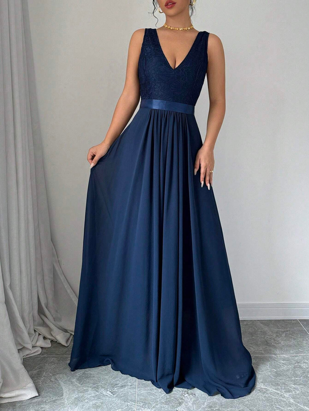 Blue A-Line V Neck Sleeveless Back Zip Floor-Length Belt Prom Dress