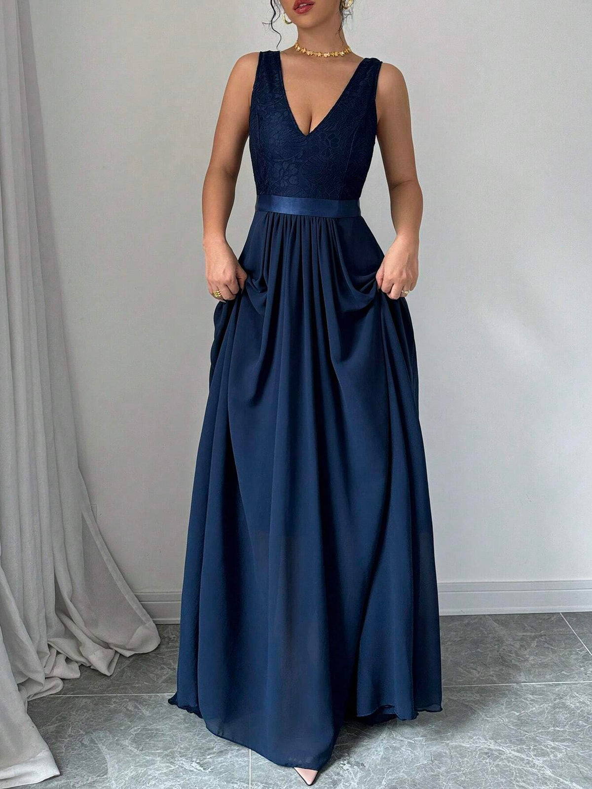 Blue A-Line V Neck Sleeveless Back Zip Floor-Length Belt Prom Dress