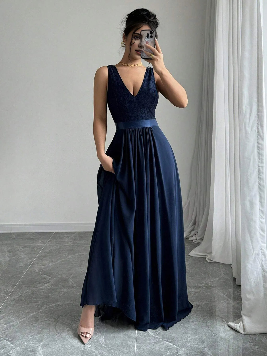 Blue A-Line V Neck Sleeveless Back Zip Floor-Length Belt Prom Dress
