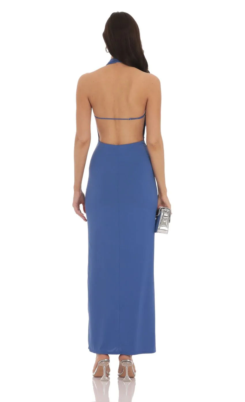 Blue Halter - Neck Prom Dress Plunging V Neck Bodycon Fit Shine at Prom Night