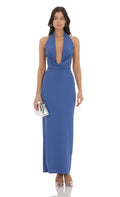 Blue Halter - Neck Prom Dress Plunging V Neck Bodycon Fit Shine at Prom Night