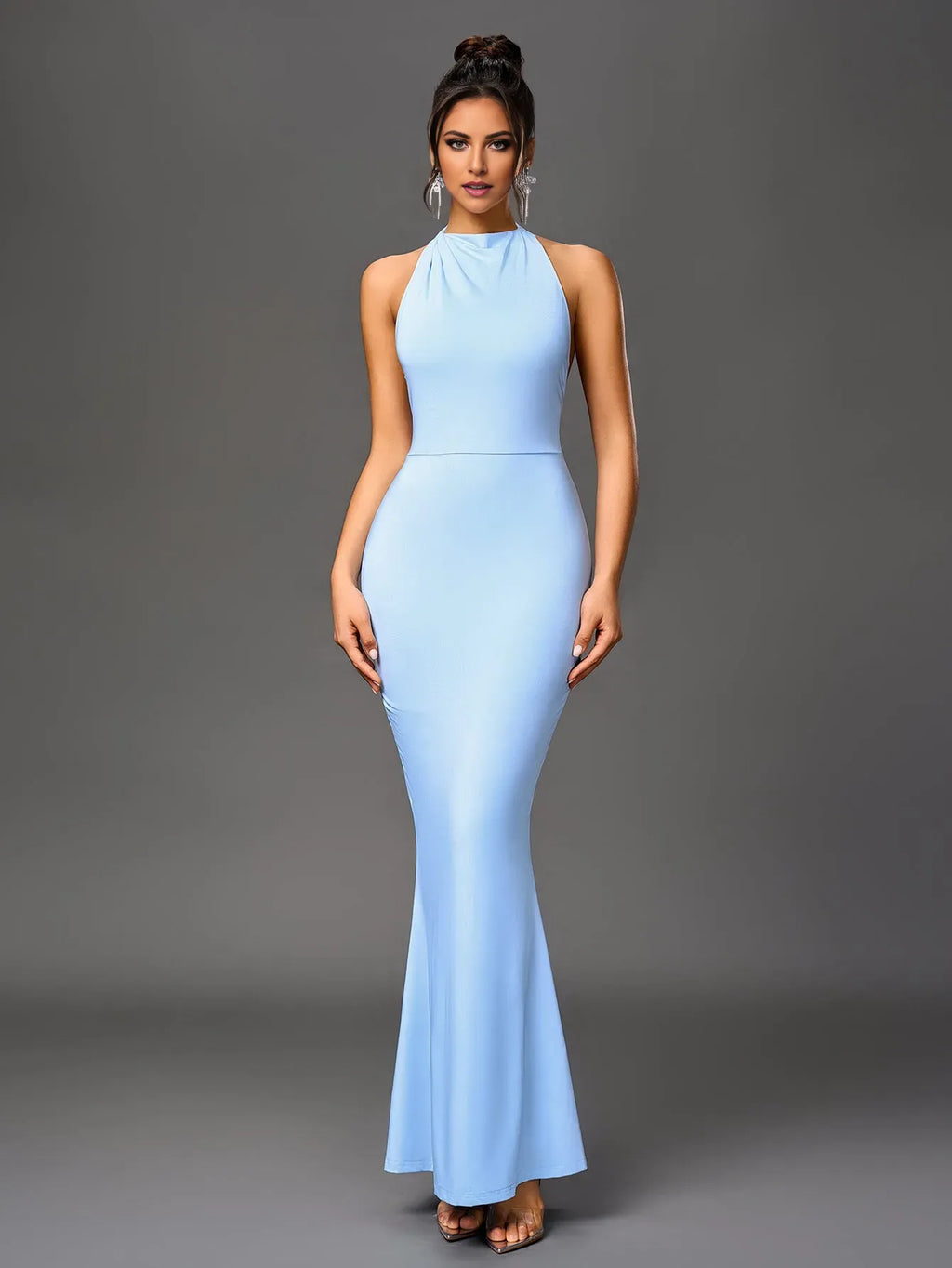 Blue Mermaid Halter Neck Sleeveless Open Back Floor-Length Prom Dresses