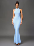 Blue Mermaid Halter Neck Sleeveless Open Back Floor-Length Prom Dresses