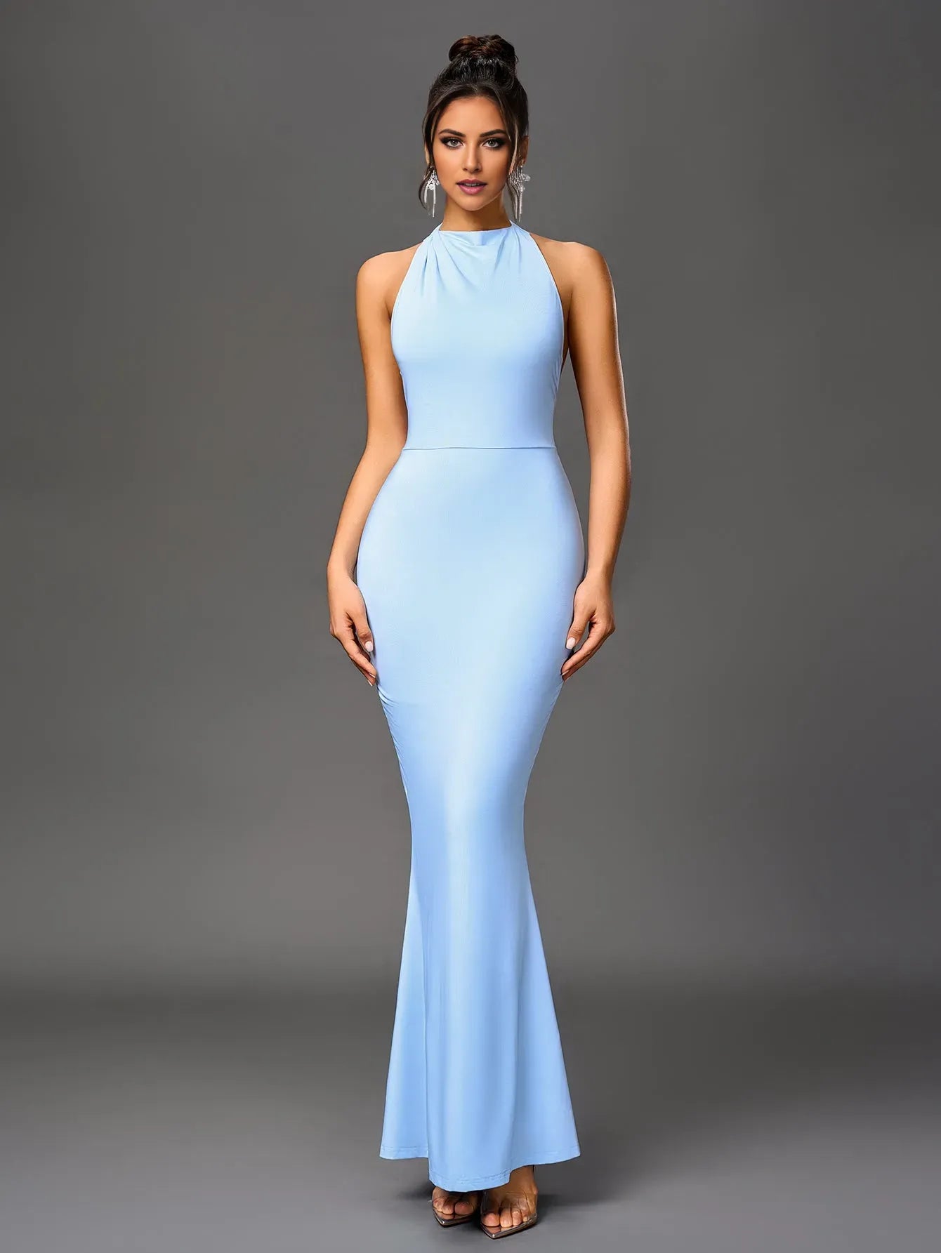Blue Mermaid Halter Neck Sleeveless Open Back Floor-Length Prom Dresses