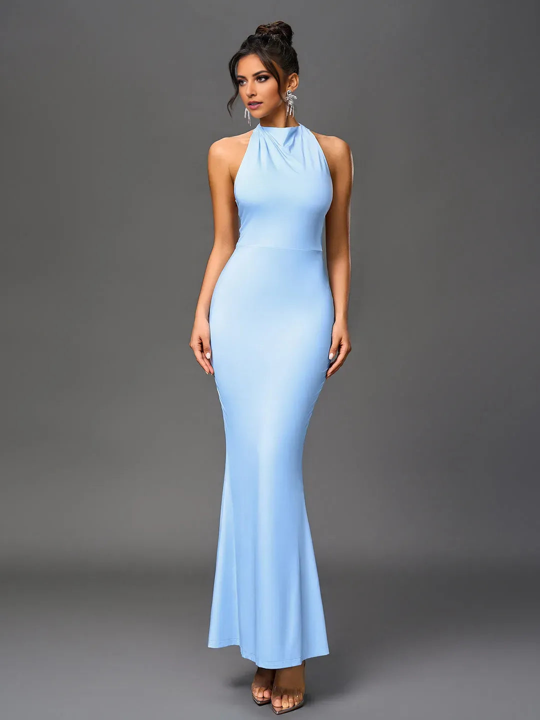 Blue Mermaid Halter Neck Sleeveless Open Back Floor-Length Prom Dresses