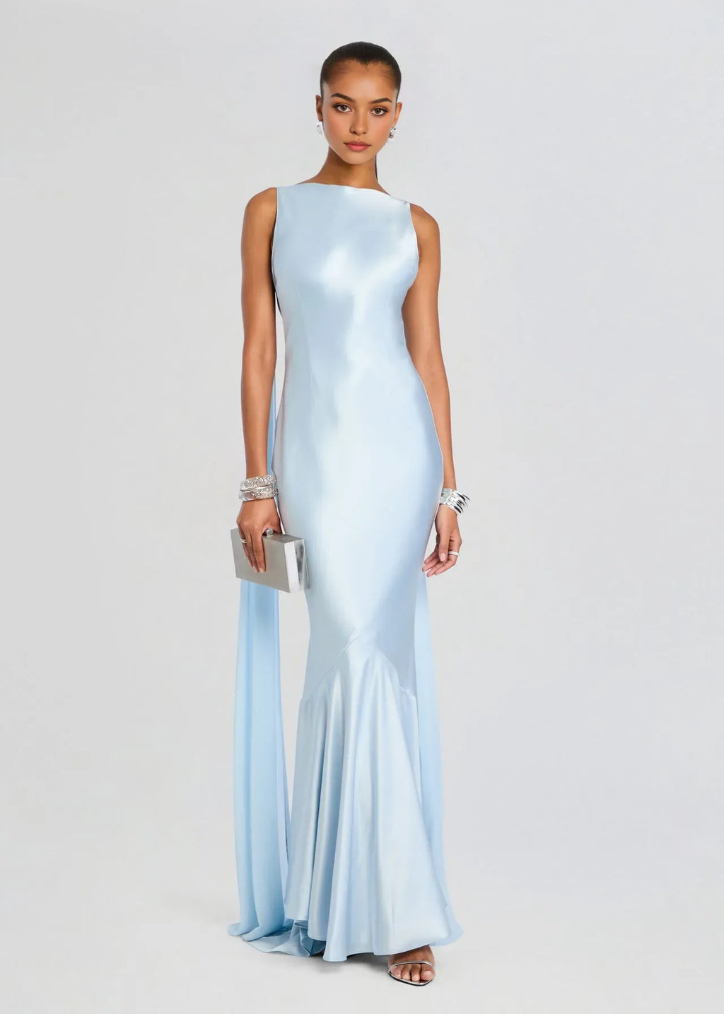Blue Mermaid Strapless Sleeveless Draped Backless Floor-Length Prom Dresses