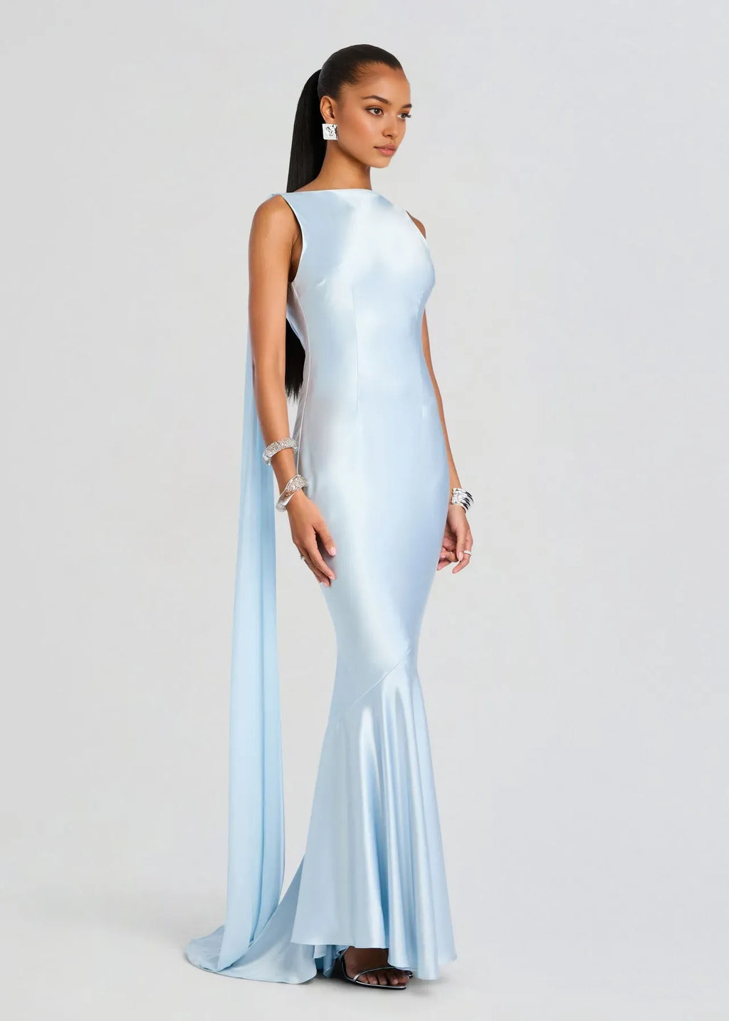 Blue Mermaid Strapless Sleeveless Draped Backless Floor-Length Prom Dresses