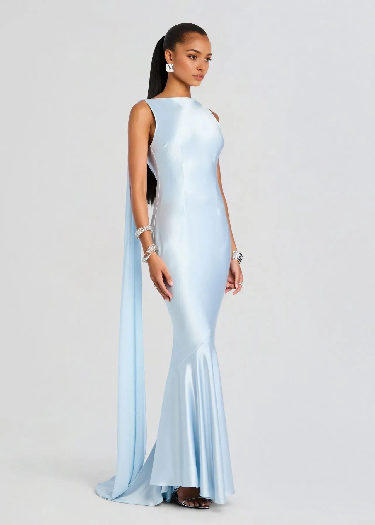 Blue Mermaid Strapless Sleeveless Draped Backless Floor-Length Prom Dresses