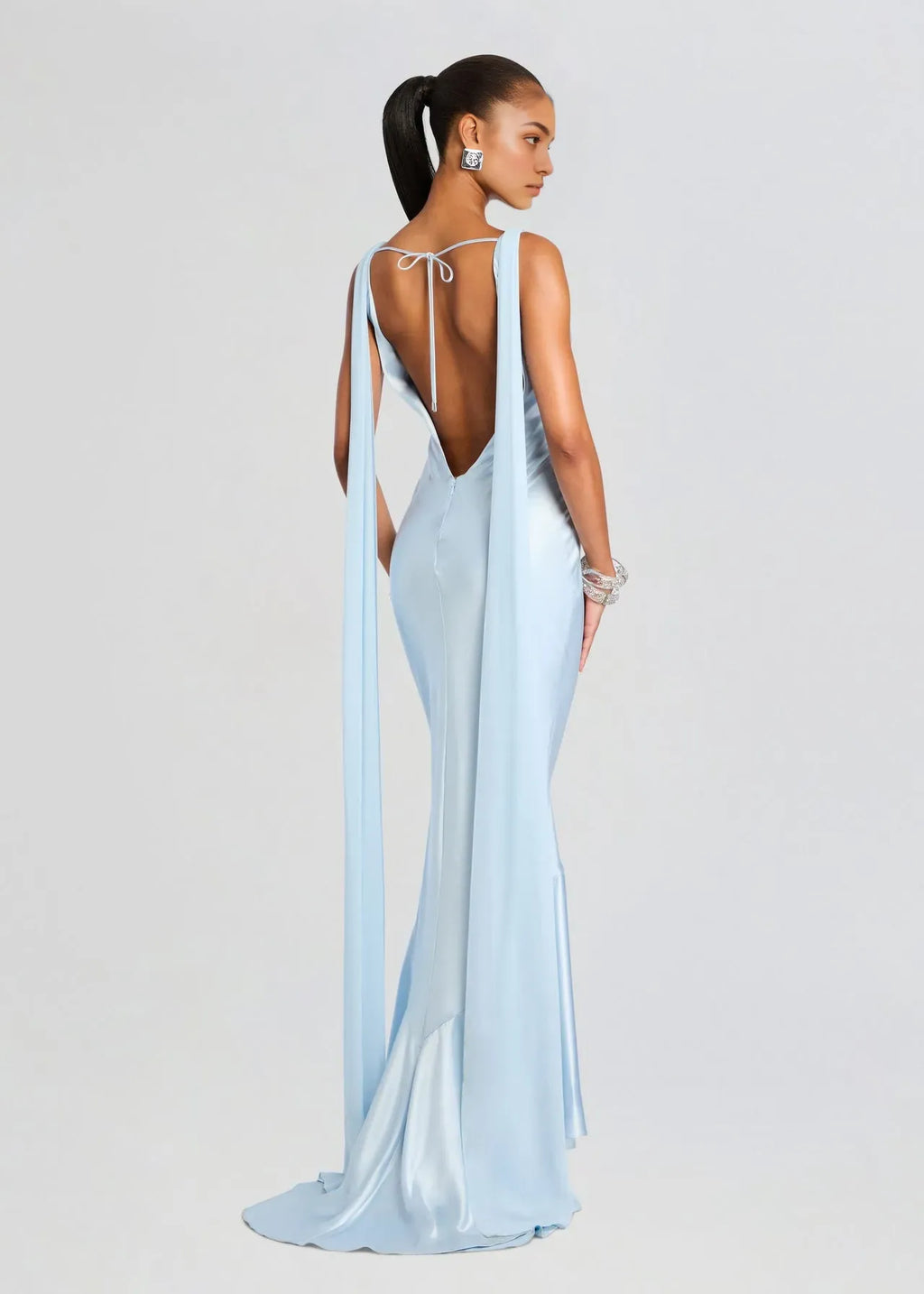 Blue Mermaid Strapless Sleeveless Draped Backless Floor-Length Prom Dresses