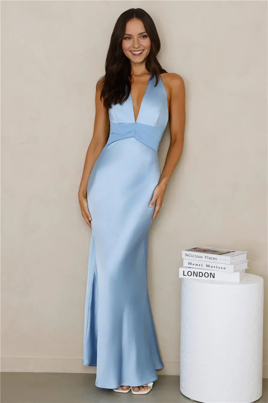 Blue Sheath Halter Neck Sleeveless Tie Back Ankle-Length Prom Dresses