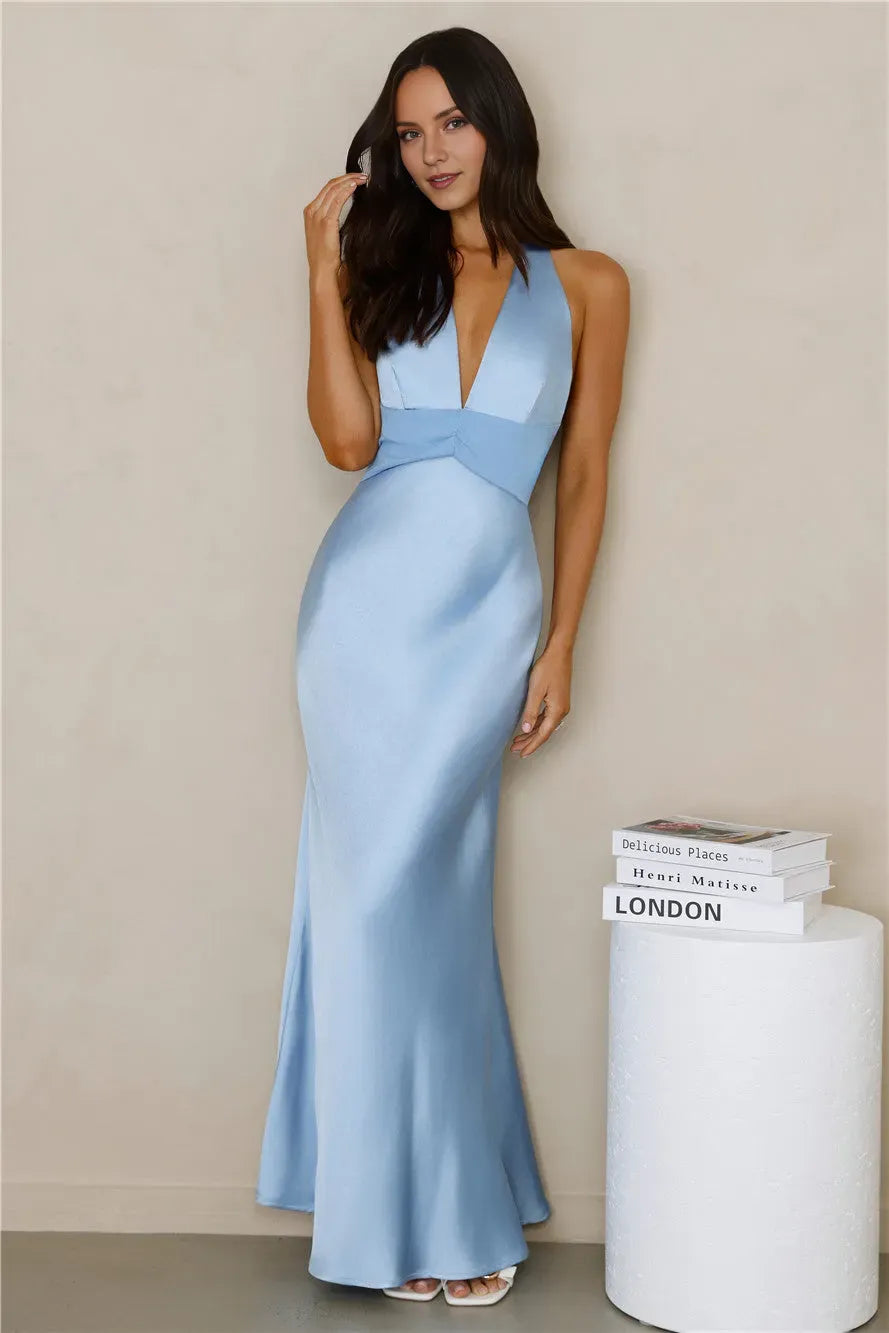 Blue Sheath Halter Neck Sleeveless Tie Back Ankle-Length Prom Dresses