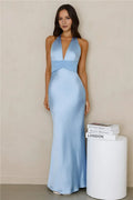 Blue Sheath Halter Neck Sleeveless Tie Back Ankle-Length Prom Dresses