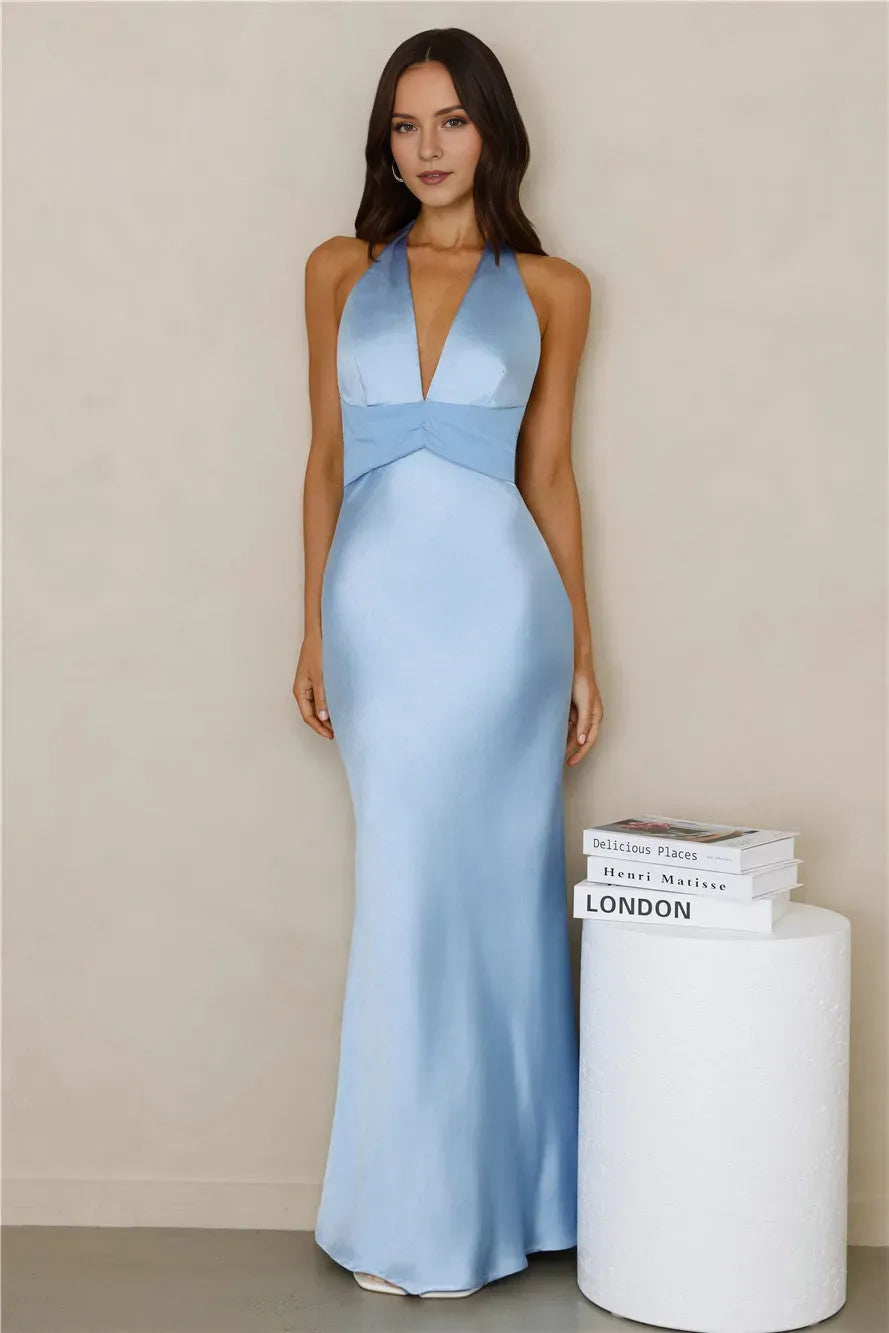 Blue Sheath Halter Neck Sleeveless Tie Back Ankle-Length Prom Dresses