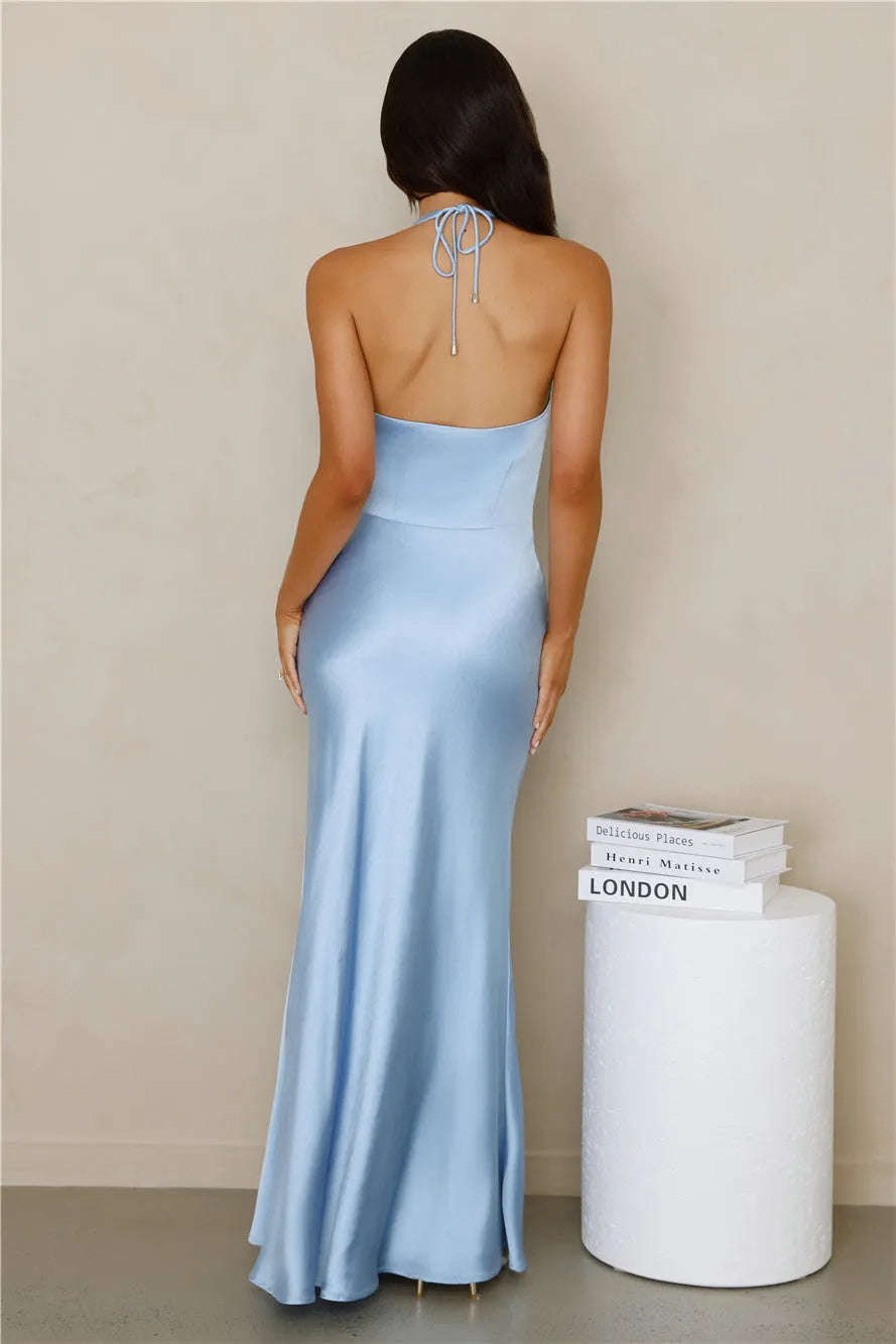 Blue Sheath Halter Neck Sleeveless Tie Back Ankle-Length Prom Dresses