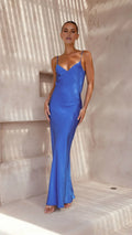 Blue Sheath V-Neck Sleeveless V back Ankle-Length Prom Dresses