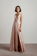 Blush A-Line Plunging V-Neck Sleeveless Pleated Back Zip High-Sid Slit Floor-Length Prom Dresses