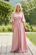 Blush A-Line Round Neck Ruched Back Zip Floor-Length Mother of the Bride Dress With Flutter Sleeves