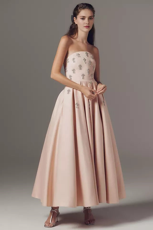 Blush Pink A-Line Strapless Neckline Sleeveless Back Zip Tea-Length Prom Dress with Beading