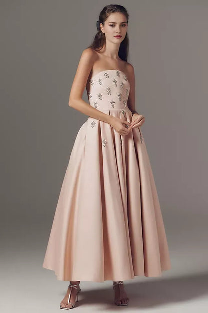 Elegant Pink Beaded A-Line Strapless Sleeveless Classic-Back Tea-Length Prom Dress