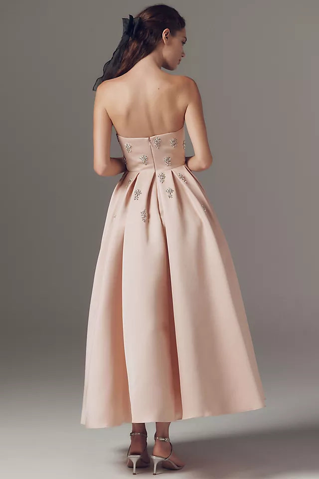 Blush Pink A-Line Strapless Neckline Sleeveless Back Zip Tea-Length Prom Dress with Beading
