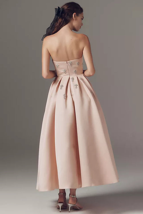 Elegant Pink Beaded A-Line Strapless Sleeveless Classic-Back Tea-Length Prom Dress