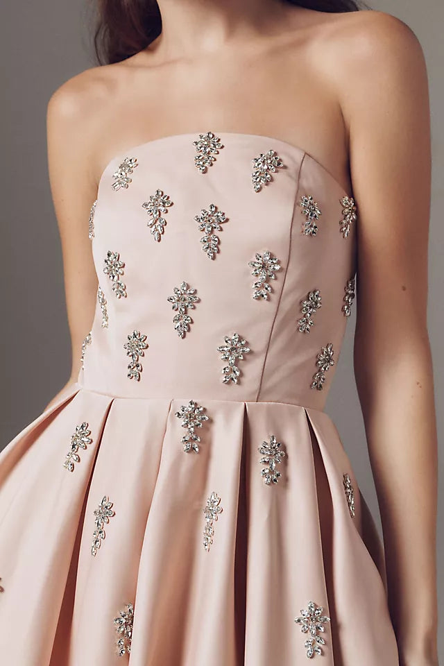 Blush Pink A-Line Strapless Neckline Sleeveless Back Zip Tea-Length Prom Dress with Beading