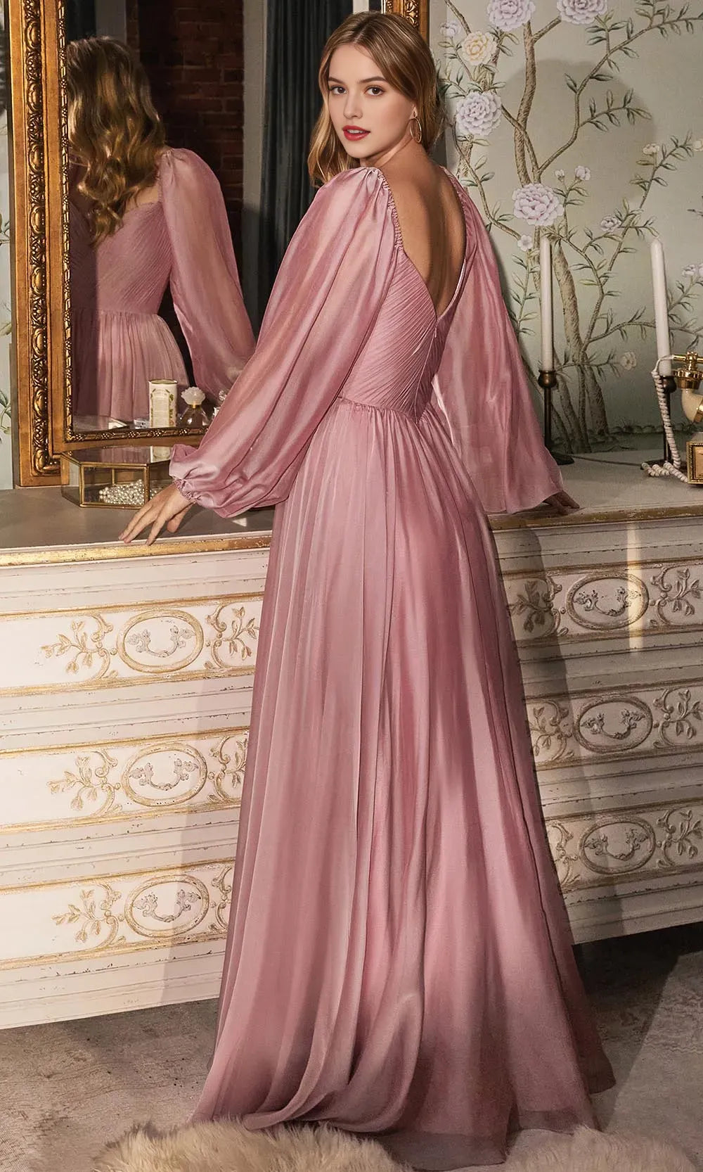 Blush Pink Evening Dress with Puff Sleeve Sweetheart Neckline and Flowy Maxi Skirt