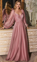 Blush Pink Evening Dress with Puff Sleeve Sweetheart Neckline and Flowy Maxi Skirt