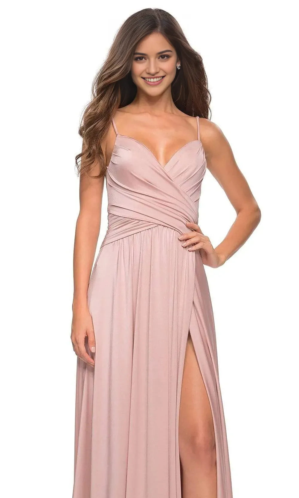 Blush Pink Prom Dress with Cross Wrap Bodice for Graceful Evenings