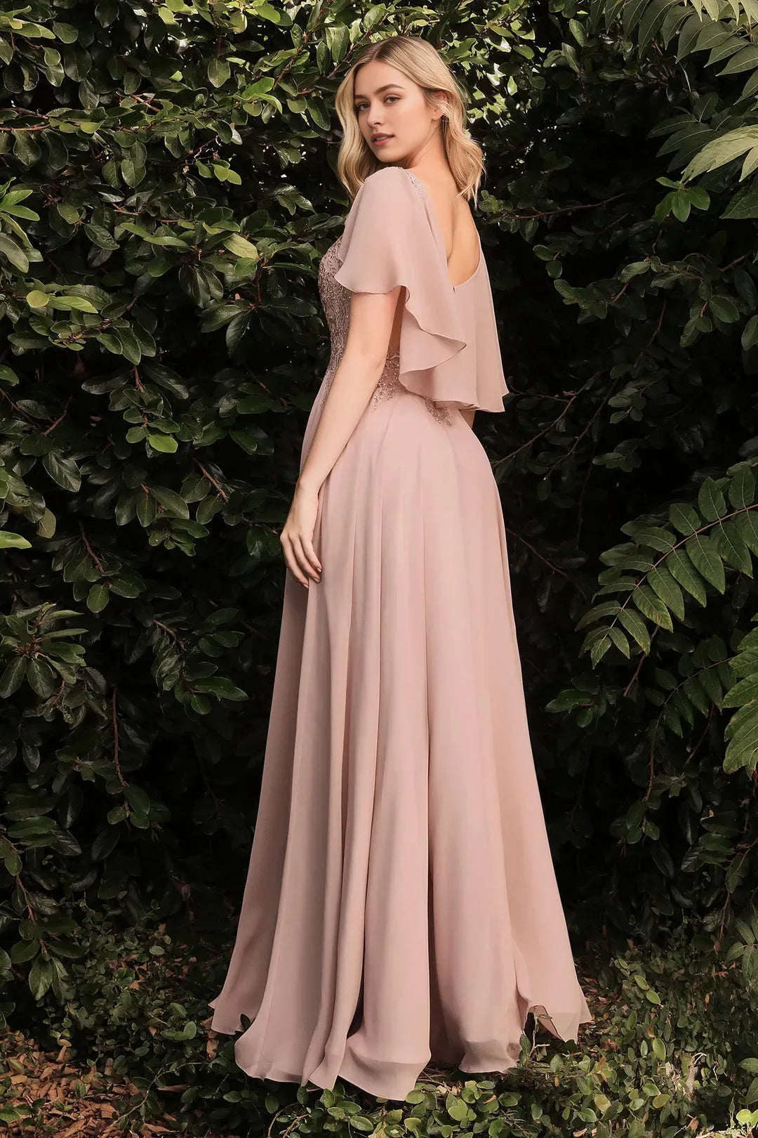 Blush Pink Prom Dress with Illusion Bodice and Flutter Sleeves for Formal Occasions