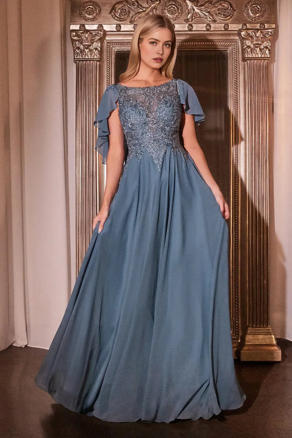 Blush Pink Prom Dress with Illusion Bodice and Flutter Sleeves for Formal Occasions