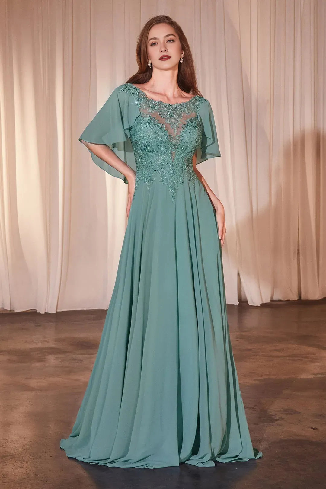 Blush Pink Prom Dress with Illusion Bodice and Flutter Sleeves for Formal Occasions
