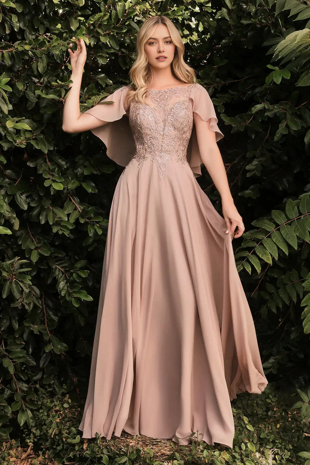 Blush Pink Prom Dress with Illusion Bodice and Flutter Sleeves for Formal Occasions