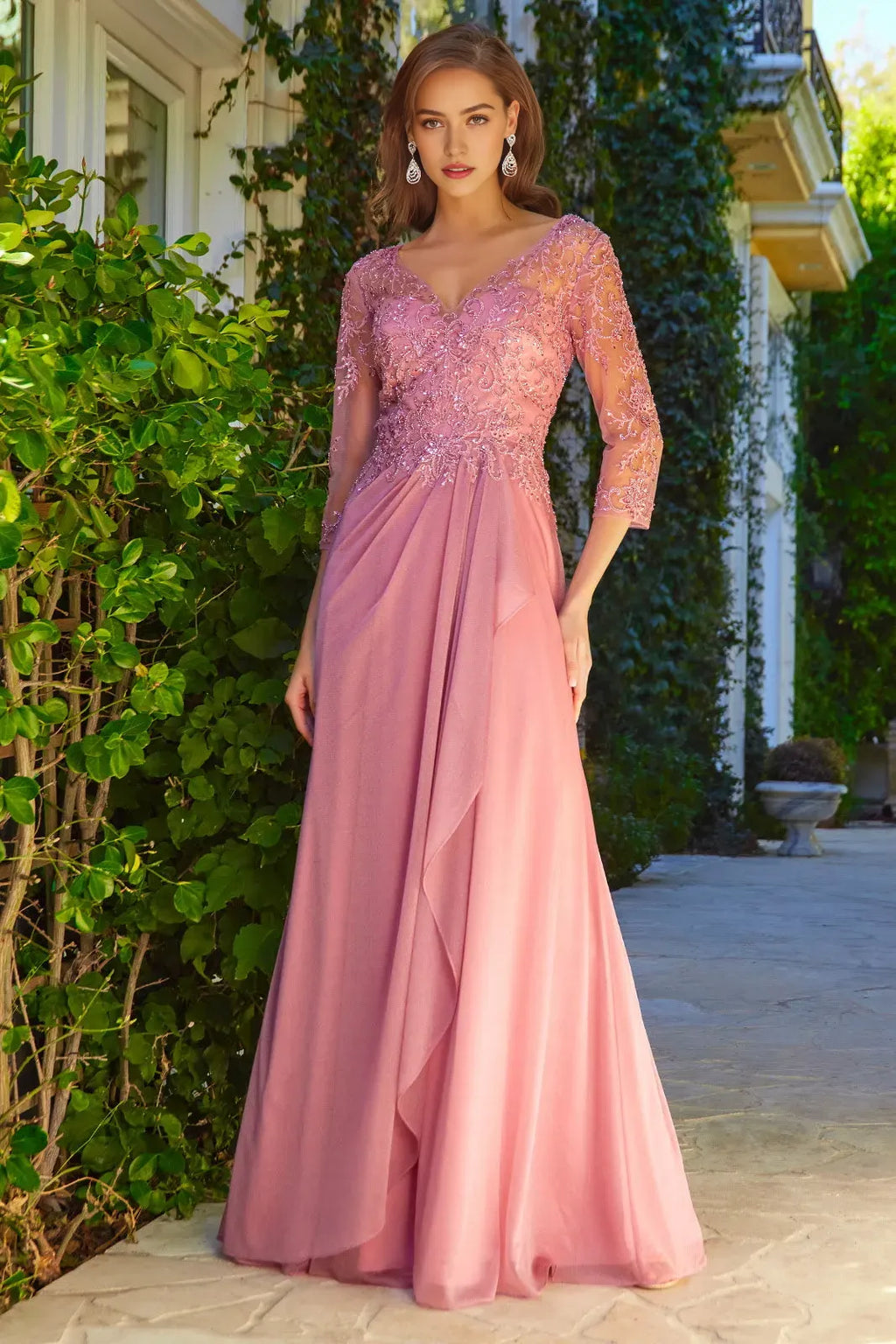 Blush Pink Prom Dress with Sleeves V Neckline and Layered Skirt Details for Formal Occasions