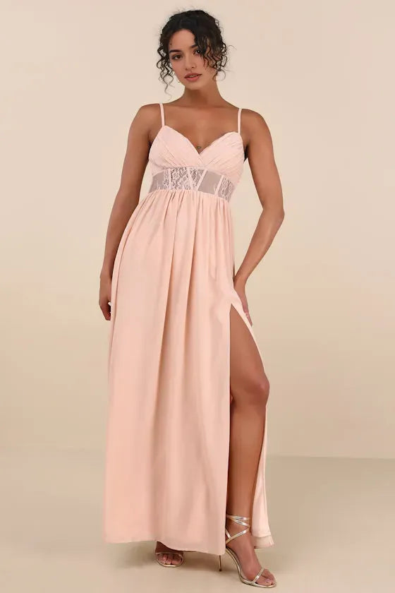 Blush Pink Prom Dress with Spaghetti Straps Pleated Bodice Sheer Inset Waist and High Thigh Side Slit for Formal Occasions