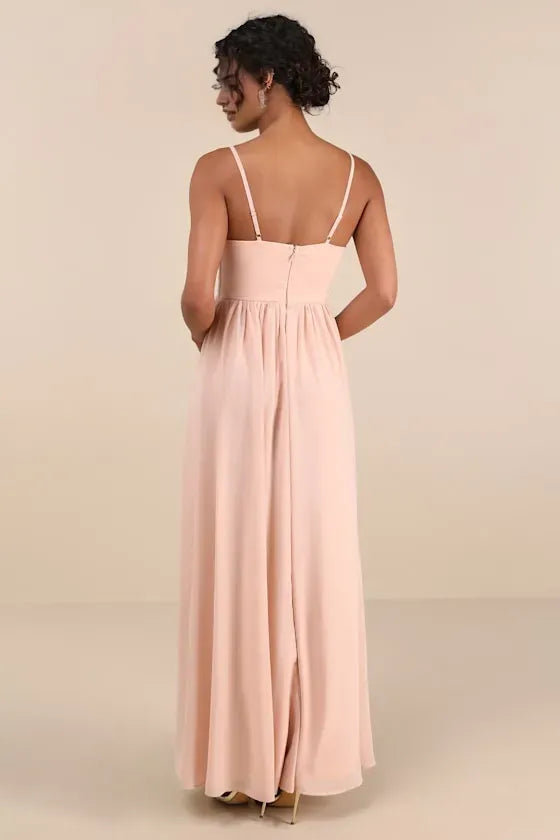 Blush Pink Prom Dress with Spaghetti Straps Pleated Bodice Sheer Inset Waist and High Thigh Side Slit for Formal Occasions