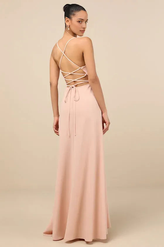 Blush Pink Prom Dress with Spaghetti Straps V - Neckline Asymmetric Ruffle Hem and Flowy Silhouette for Formal Occasions