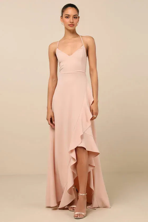 Blush Pink Prom Dress with Spaghetti Straps V - Neckline Asymmetric Ruffle Hem and Flowy Silhouette for Formal Occasions